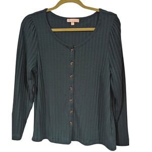 DESIGN HISTORY Ribbed Knit Button Front Puff Sleeve Top Teal Medium